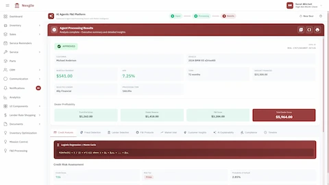 Illustrative preview (sample data, not verified outcomes): Agent Processing Results - Approved deal summary with dealer profitability metrics, credit risk assessment, and selected lender details